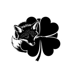 Fox with shamrock silhouette illustration icon in black and white