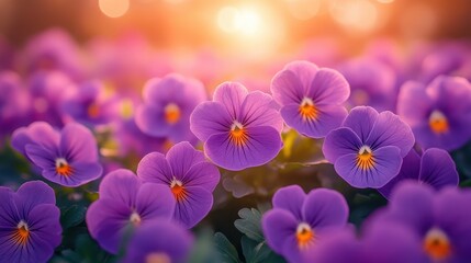 Close-up shot of vibrant purple flowers with orange centers, bathed in the warm glow of a sunset. Creates a serene and inviting garden atmosphere.