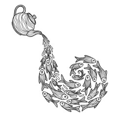 Teapot pouring swirling school of fish illustration for fantasy and whimsical designs