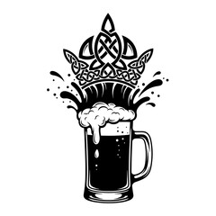 Celtic themed foaming beer mug illustration for St Patrick’s Day bar advertising and holiday graphic design