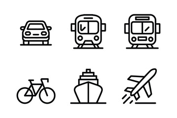 Set of transportation icons car, train, bus, bicycle, ship, and airplane isolated on white