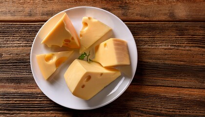 Pieces Of Cheese Resting On White Plate On Rustic Wooden Table