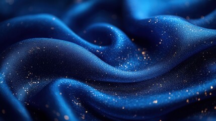 Obraz premium Close-up of shimmering blue fabric featuring an abstract pattern resembling water waves or ripples. Sparkling gold particles add a luxurious and dynamic visual effect.