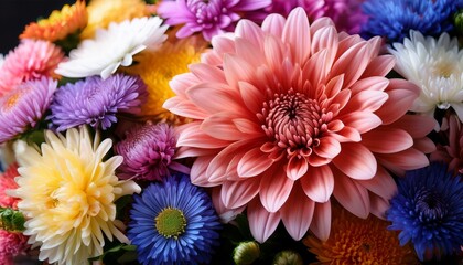 Close Up Of Colourful Aster Flowers And Chrysanthemums In A Bouquet
