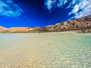 Amazing drone view of Balos Lagoon and white sandy beach, Crete, Greece