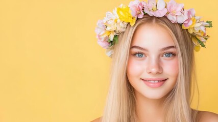 Radiant Beauty Adorned with Blossoms: A young woman with a delicate floral crown, emanates a serene happiness, her eyes sparkling, a perfect embodiment of fresh charm and gentle grace.
