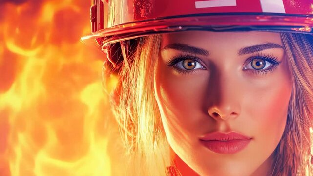 Heroine in the Heat: A determined female firefighter stands in the heart of a roaring inferno, embodying courage and strength, ready to face the challenge.