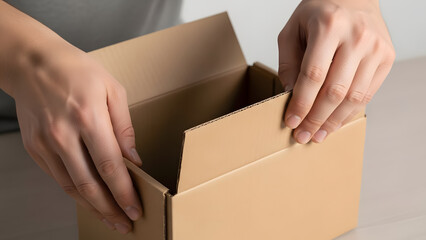Box Assembly: Hands carefully assemble a cardboard box, showcasing the process of packing or preparation for delivery.