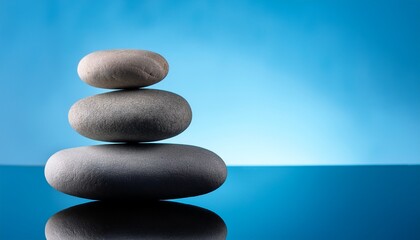 A Serene Stack Of Smooth Stones Rests On A Reflective Surface Surrounded By A Tranquil Blue Background Evoking Calmness And Balance