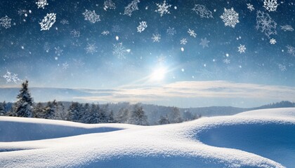 Magical Winter Landscape With Snowdrifts And Falling Snowflakes Background