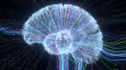 Brain of Ideas: An innovative representation of the brain showcasing the complex neural pathways, visualized with luminescent particles and dynamic lines of thought.