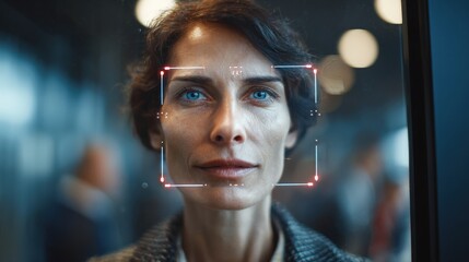 Medium shot of a hightech facial recognition system scanning a persons face at an airport security checkpoint