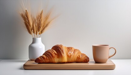 Croissant And A Mug On A Wooden Stand A Vase White Background Minimalism Copy Space