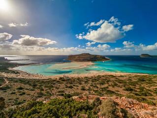 Amazing drone view of Balos Lagoon and white sandy beach, Crete, Greece