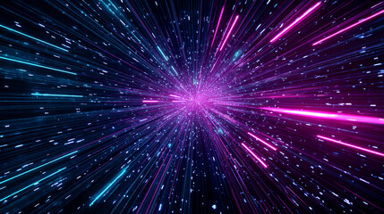 Obraz premium ネオンライトが放射状に広がる高速ワープの背景 