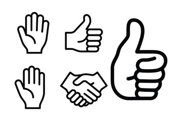 Set of hand gestures icons thumbs up, open hand, and handshake, isolated on white