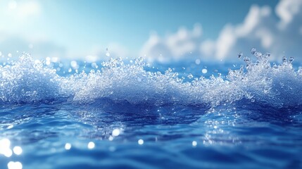 Fototapeta premium A serene digital rendering depicts a tranquil ocean scene emphasizing the dynamic water surface and the delicate bubbles rising from wave movement. Symmetrical composition.