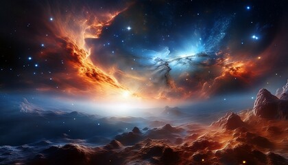 Stunning Contrast Between The Fiery Glow Of A Distant Nebula And The Icy Brilliance Of Nearby Stars Highlighting The Intricate Interplay Of Light And Shadow Within The Cosmic Landscape