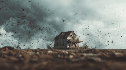 Devastation in the plains, house damaged after tornado with debris flying