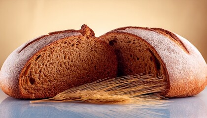 Two Halves A Loaf Of Rye Bread And Wheat Ears
