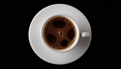 Overhead Shot Of A Full Coffee Cup On A White Saucer Against A Black Background Bubbles