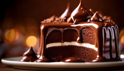 Macro Shot Of A Chocolate Buttermilk Cake Rich Dark Brown Color Moist Crumb Texture Glossy Chocolate Glaze Dripping Warm Lighting Hyper Detailed Ultra Realistic 8K Resolution