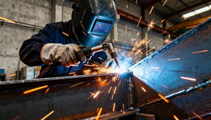 Medium shot of a welder using MIG welding to fuse steel hull plates creating strong precise seams with bright sparks illuminating the workshop background.