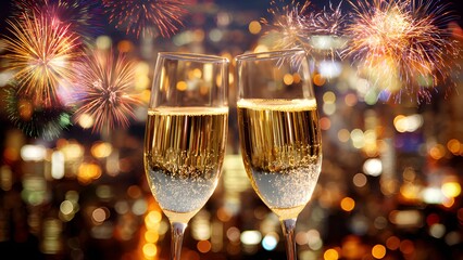 Wine party celebration, new year eve champagne glasses celebration. Two champagne flutes filled with a sparkling beverage on dark backdrop of fireworks and bokeh lights background 
