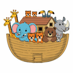 Fototapeta premium Vector illustration of noah's ark filled with various animals including giraffes tigers and elephant