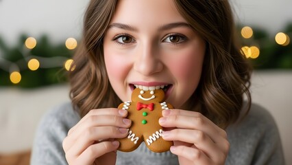 A young person enjoying a gingerbread man during the holiday season. 