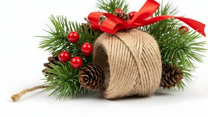 Festive holiday decoration, crafted with natural elements and adorned with a festive red ribbon. 