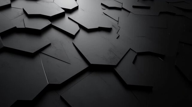 Abstract Hexagon Surface: A compelling close-up view presents a textured and intricate surface of black hexagons, emphasizing the play of light and shadow, and creating a modern geometric design.