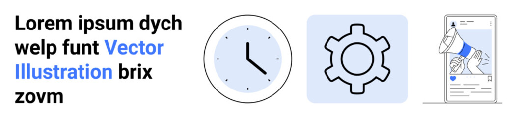 Clock representing time management, gear symbolizing configuration, and mobile megaphone showcasing digital marketing. Ideal for productivity, innovation, scheduling, marketing, settings, technical