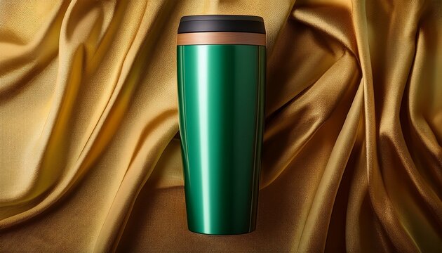 elegant green insulated tumbler on golden fabric background