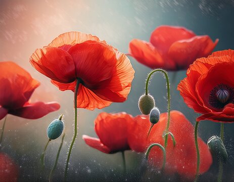 vibrant red poppies in various artistic styles and backgrounds with soft textures