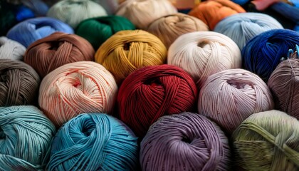 colorful yarn balls neatly organized create a textured backdrop ideal for crafting hobby and artistic projects