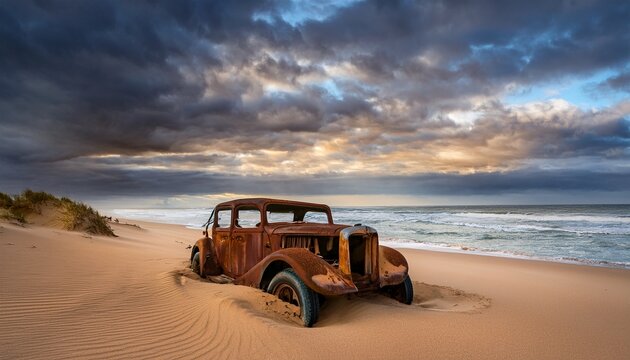 rusty car on a sandy beach under a dramatic sky