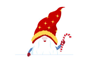 Christmas vector banner with a gnome presenting an empty letter while a friendly elf peeks from the edge. Ideal for festive messages or holiday promotions..