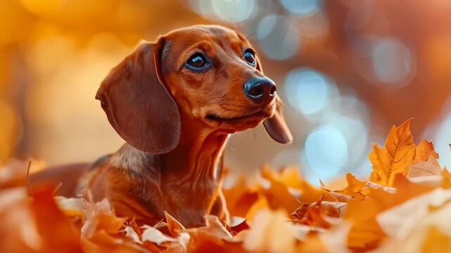 Autumn Dachshund's Serenity: An adorable dachshund basks in the warmth of autumn. Its warm brown fur harmonizes with the changing foliage, creating a charming scene of tranquility.