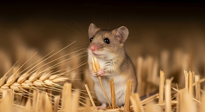 A small field mouse stands upright, holding a stalk of wheat in its paws, surrounded by golden wheat stalks in a rural setting.