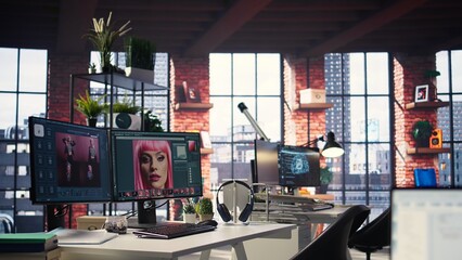 Inspiring creative workspace with professional editing software and AI chat bot open on a dual monitor setup. Digital tools showcase high quality image processing and color enhancement techniques.