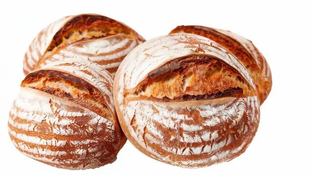 Artisan Loaves: Close-up of rustic artisan loaves with golden-brown crusts, perfect for a hearty meal, displaying the beauty of freshly baked bread. 