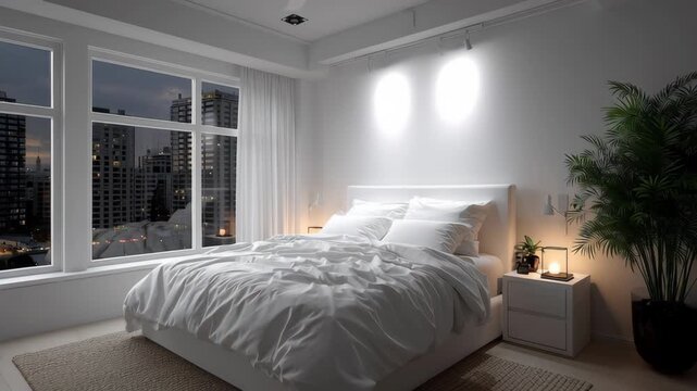 A white bed with a white comforter and a white pillow sits in a room with a window overlooking a city. The room is dimly lit, creating a cozy and intimate atmosphere