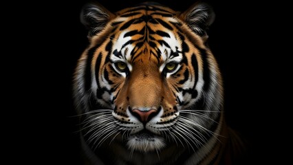 Obraz premium Majestic tiger Portrait: An up-close portrait of a majestic tiger stares intently, its striking black and orange stripes contrasting against a dark background.
