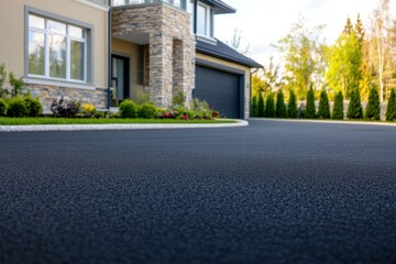A newly paved driveway stretches out in front of a contemporary house adorned with elegant stone accents. The morning light bathes the scene, highlighting the lush garden and the surrounding trees.