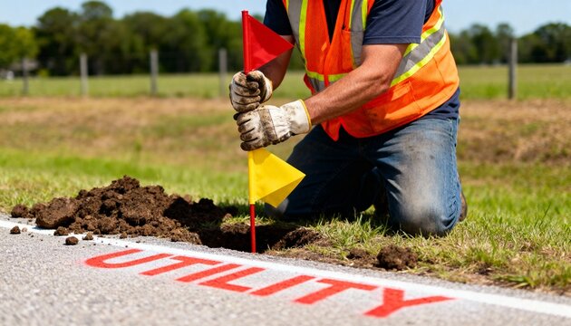 Medium shot of a worker using colored flags to mark underground utility lines along a grassy roadside for safe excavation.