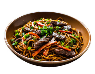 Noodles with meat and vegetables isolated on white background