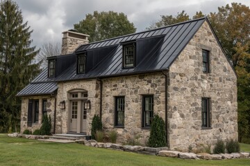 Obraz premium Stone house with a black metal roof located in a green area on a cloudy day with trees in the background and a stone pathway leading to the entrance