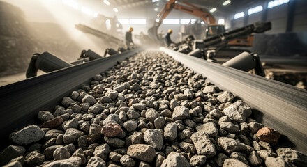 Conveyor belt transports crushed concrete pieces and sharp stone details inside industrial facility, illustrating raw material processing. Image ideal for themes of construction, transportation,