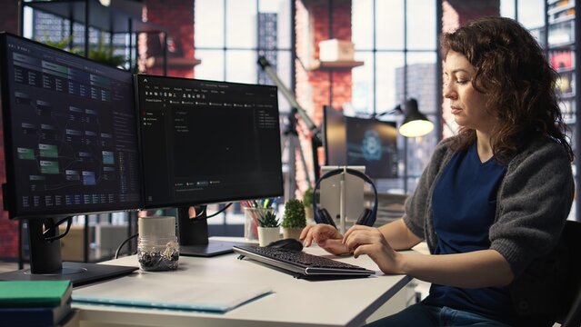 IT specialist at workstation programming on monitor and writing lines of code, using development tools and a terminal window interface. Woman debugging software before deadline. Camera A.